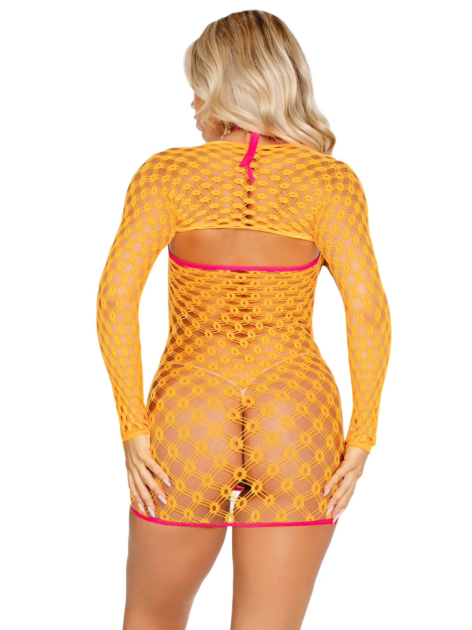 2 Pc Eyelet Net Mini Dress with Tie Front Keyhole and Shrug - Image 2