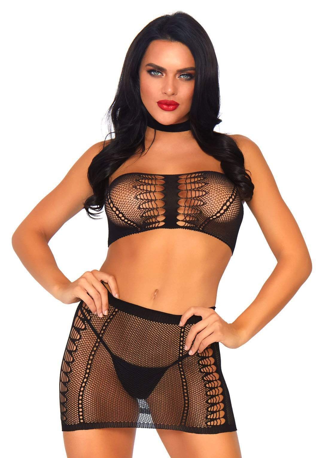 2 PC Fishnet Choker Harness Bandeau and Mini Skirt Black