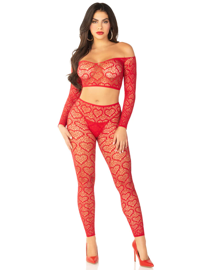 2 Pc Heart Net Off the Shoulder Crop Top and Footless Tights
