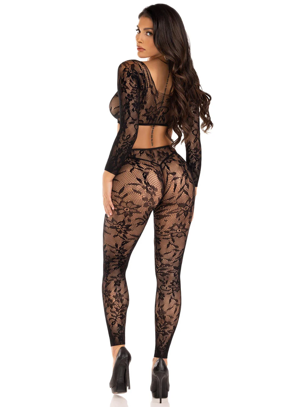 2 Pc Lace Crop Top and Footless Tights Black - Image 2