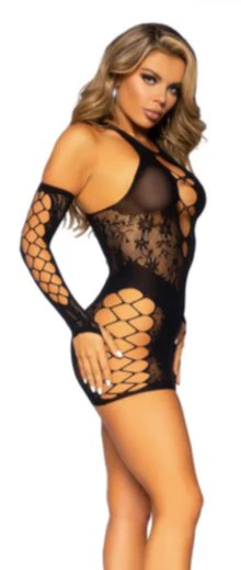 2 Pc Lace Racer Back Mini Dress and Gloves Black - Image 2