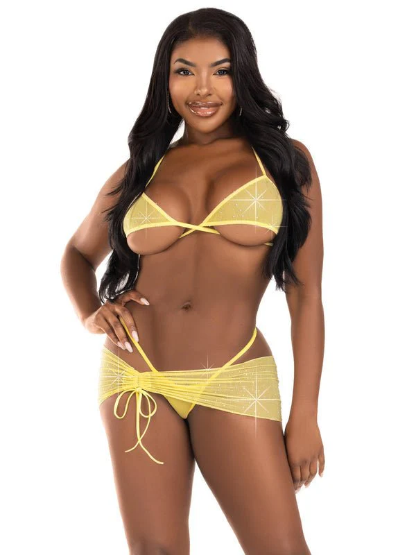 3 Pc Rhinestone Wrap Bra Top, Panty and Sarong Yellow