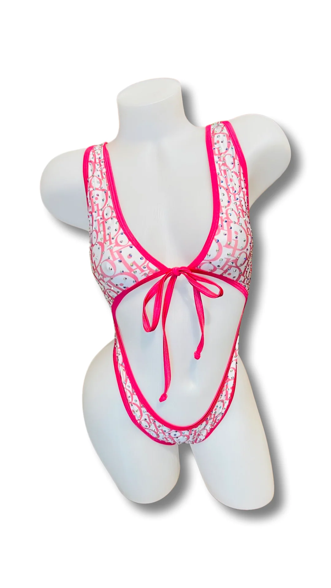 Rhinestone Front Tie One Piece - Design Hot Pink