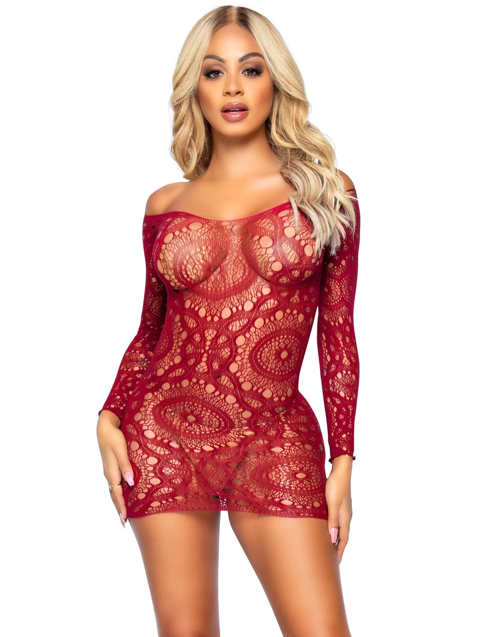 Crochet Lace Long Sleeved Mini Dress Red