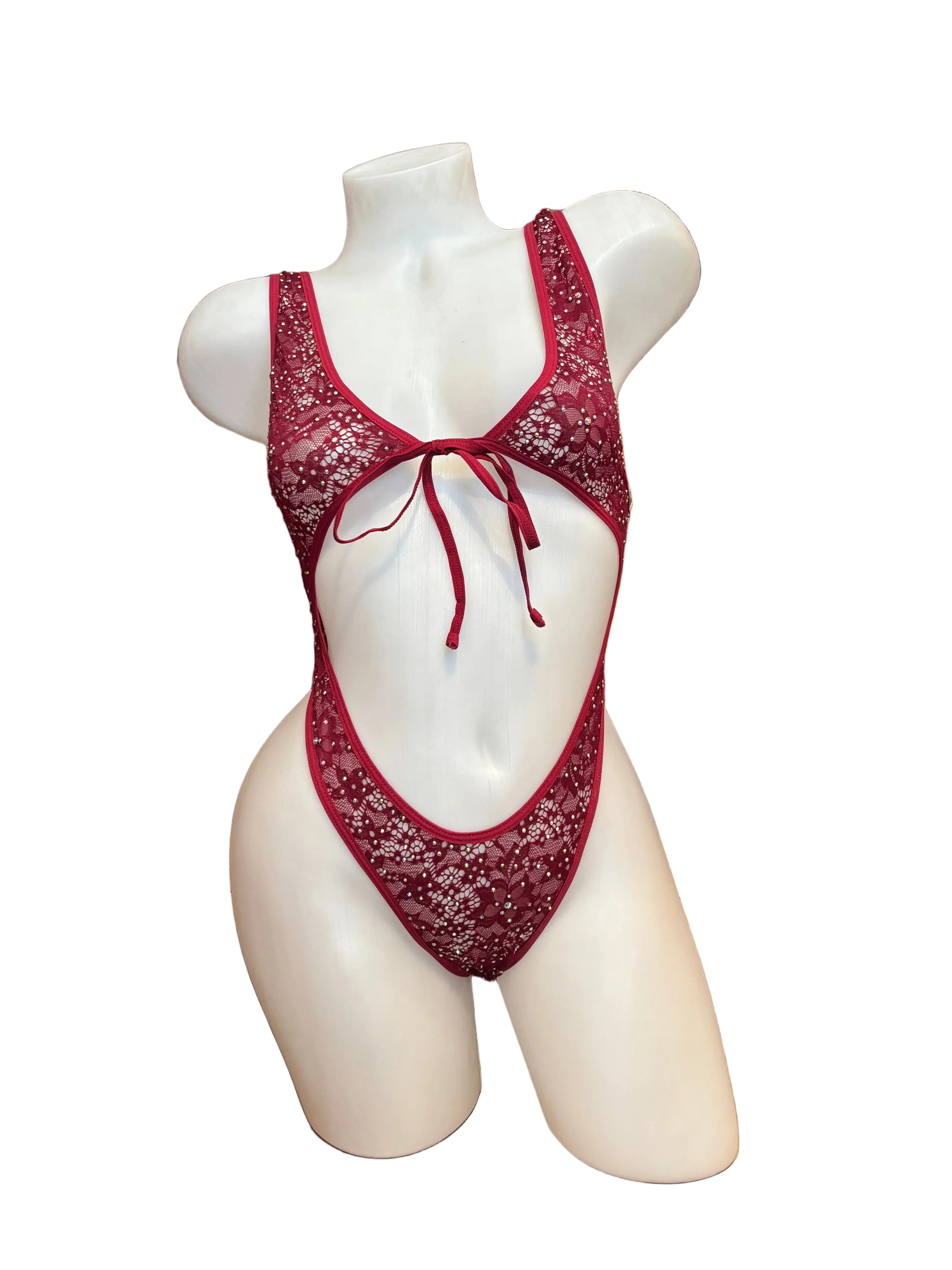 Crystal Lace Front Tie Bodysuit Burgundy
