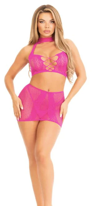 Dotted Net and Lace Crop Top and Skirt Pink