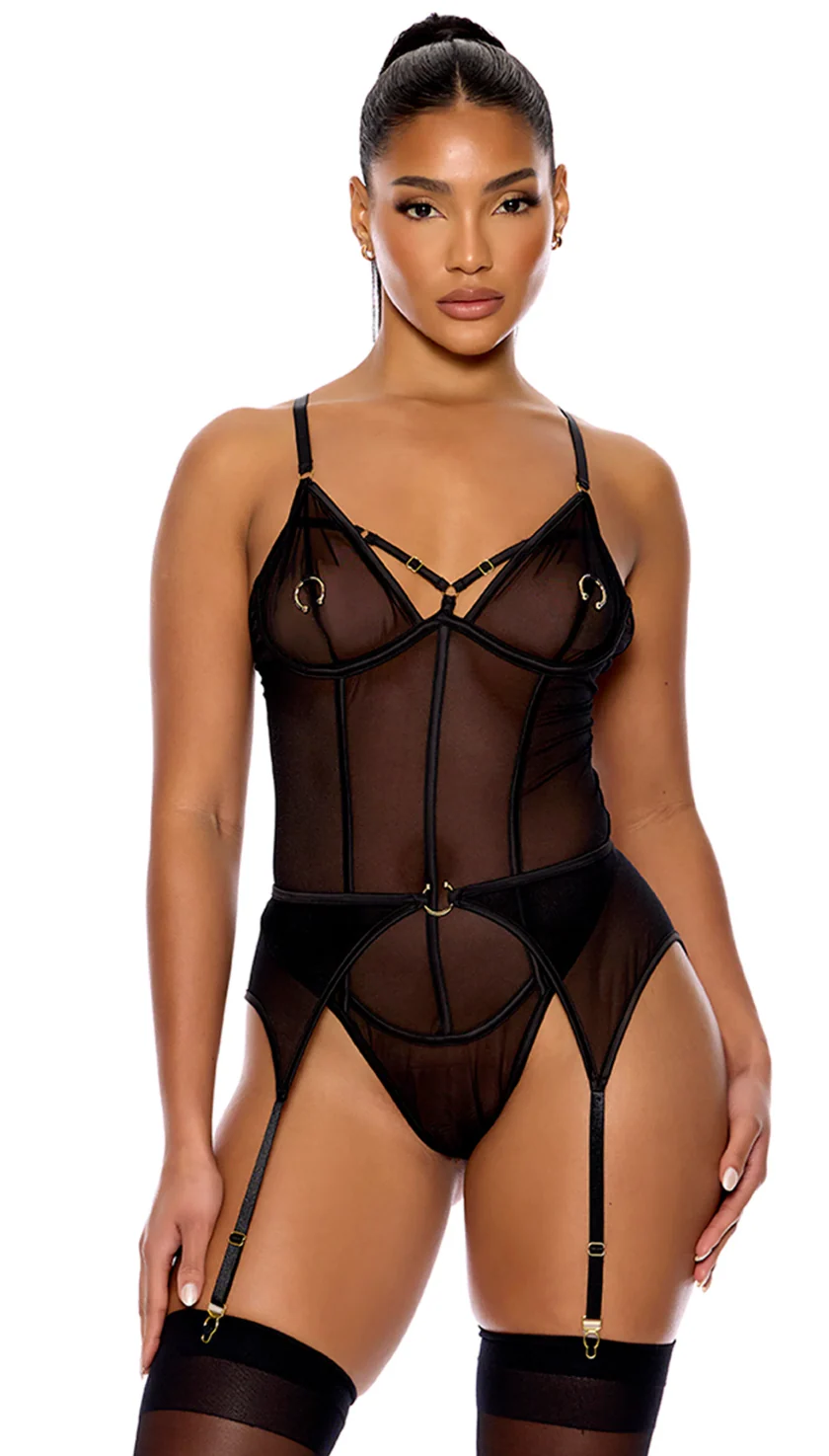 Faux Piercing Mesh Teddy with Garter Belt