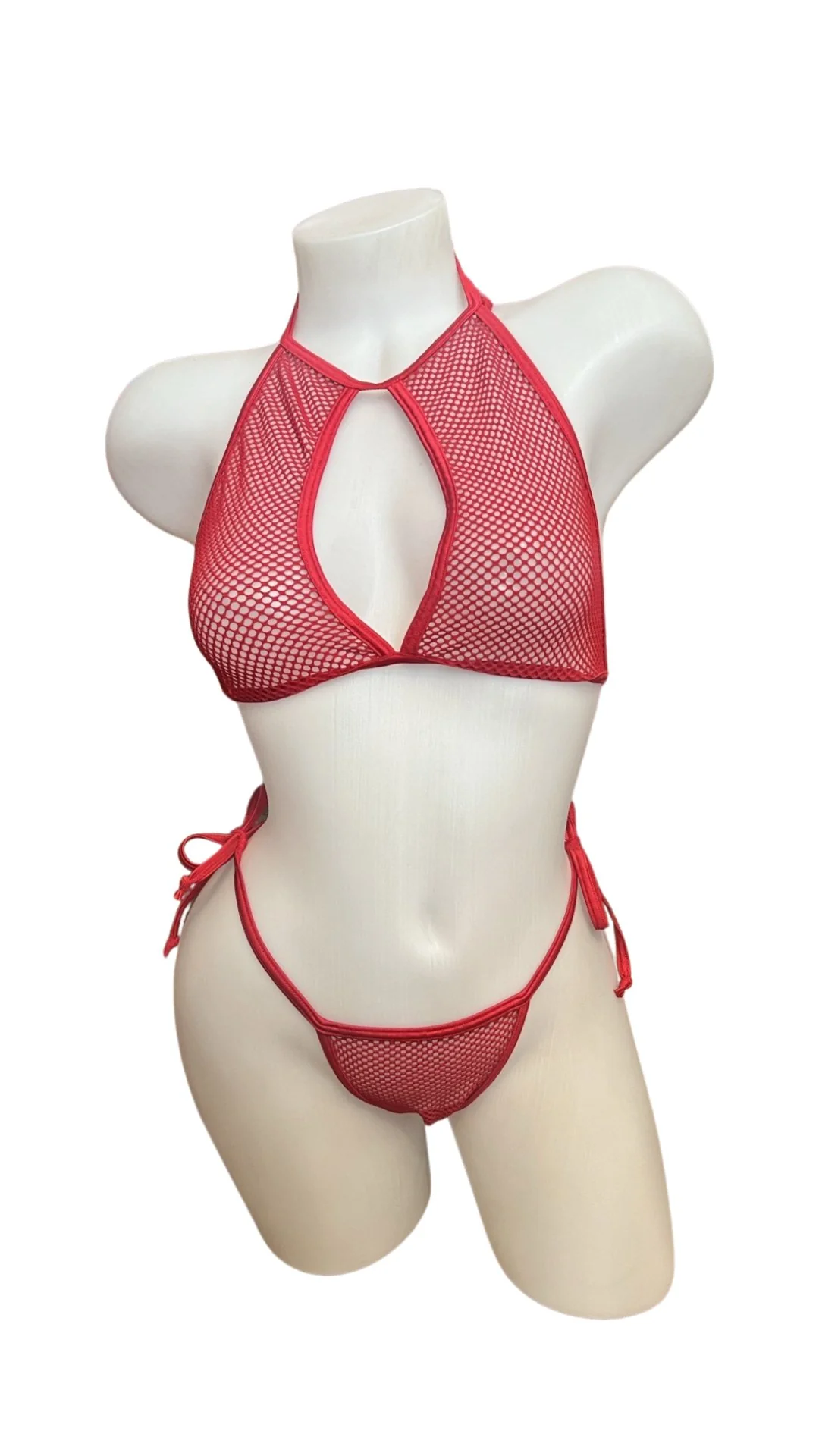 Fishnet Keyhole Bikini Set - Red