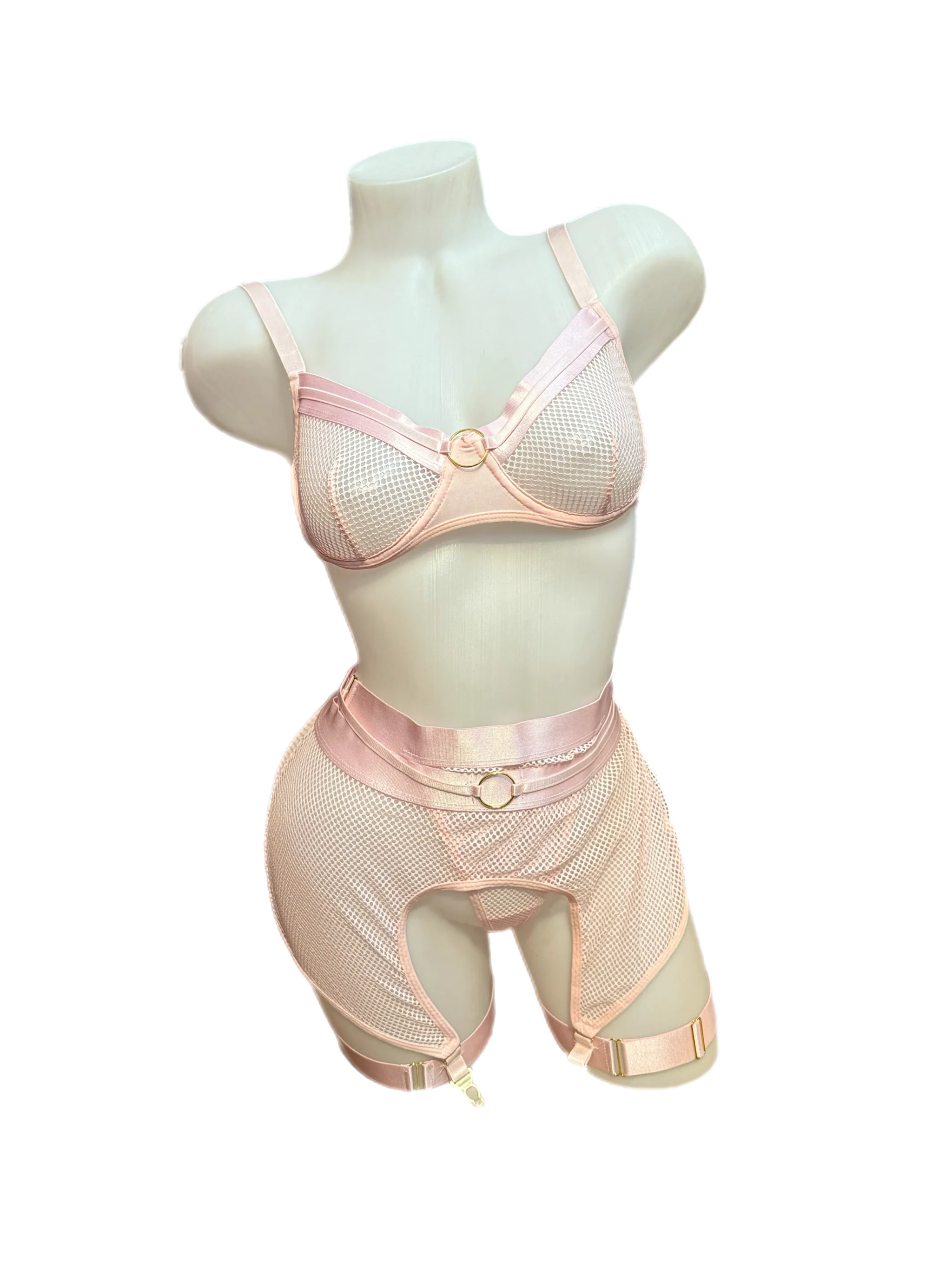 Fishnet Underwire Bra, Garterbelt and Panty Set Pink