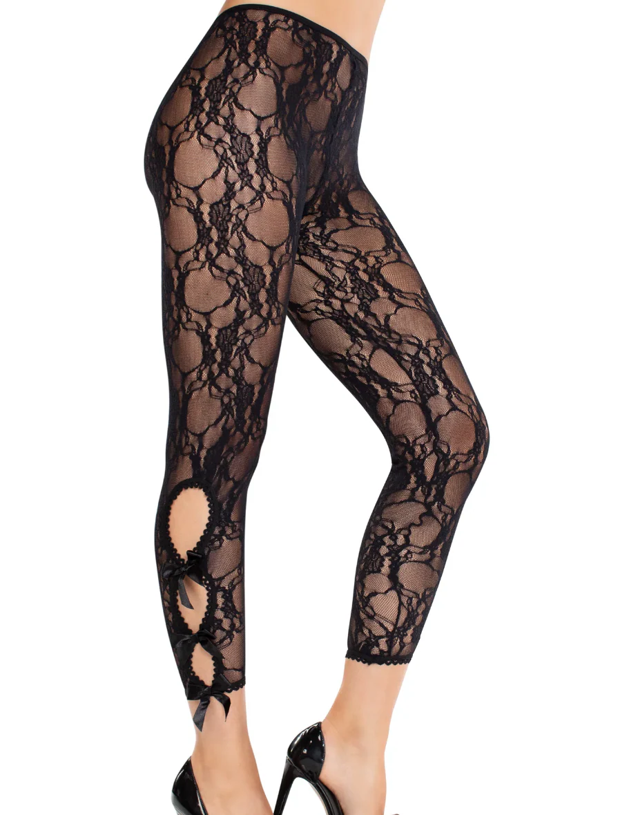 Floral Lace Footless Capri Tights with Keyhole Detail Black