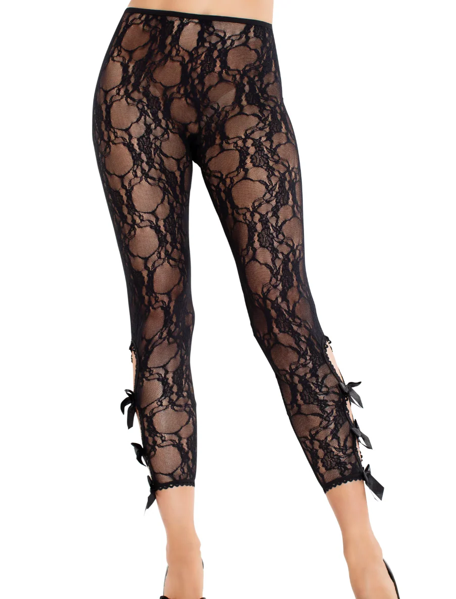 Floral Lace Footless Capri Tights with Keyhole Detail Black - Image 2