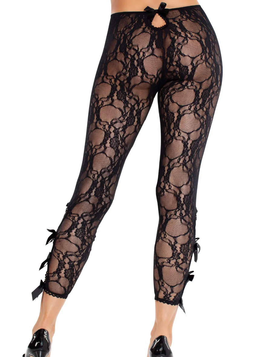 Floral Lace Footless Capri Tights with Keyhole Detail Black - Image 3