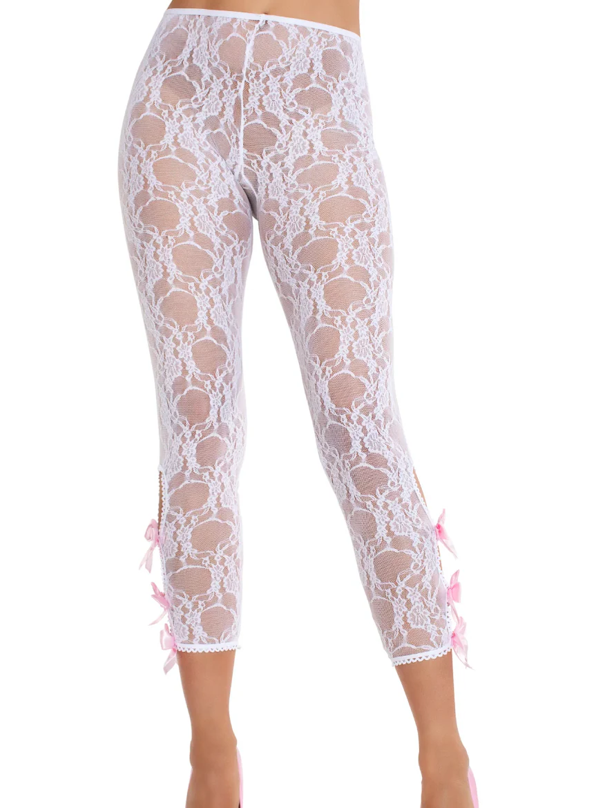 Floral Lace Footless Capri Tights with Keyhole Detail White