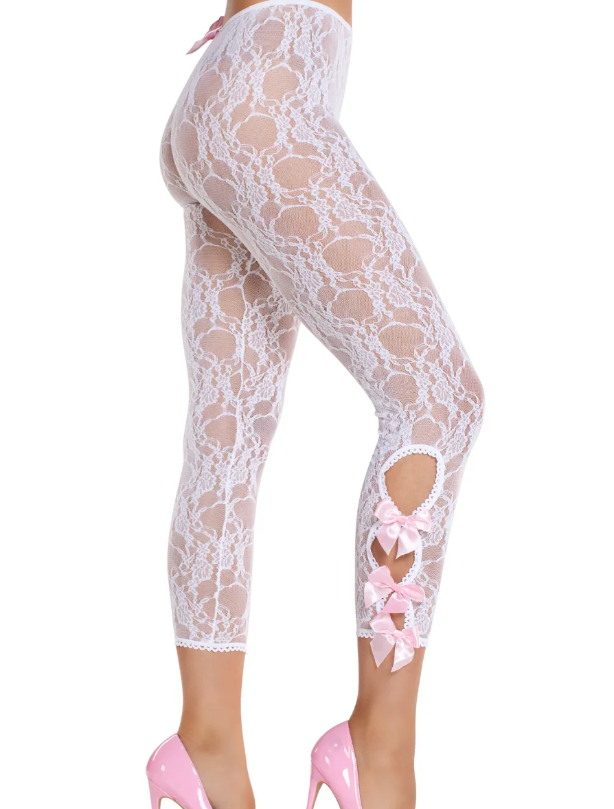 Floral Lace Footless Capri Tights with Keyhole Detail White - Image 2