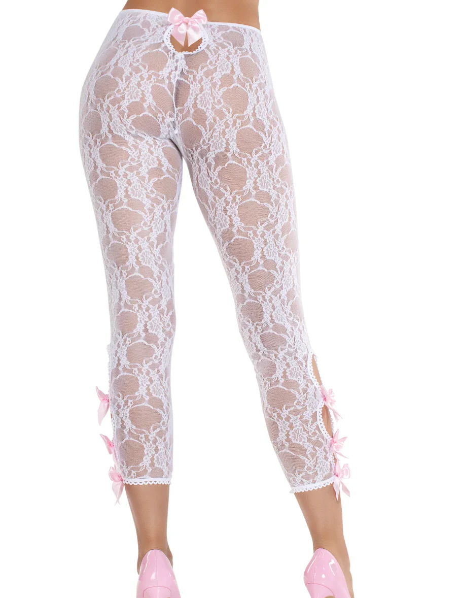 Floral Lace Footless Capri Tights with Keyhole Detail White - Image 3