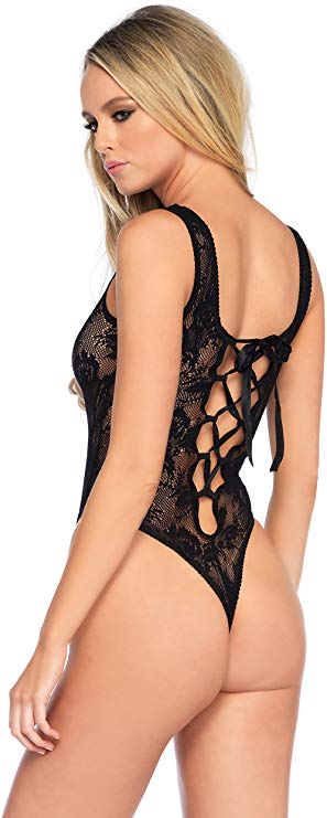 Floral Lace High Cut Thong Teddy Black - Image 2