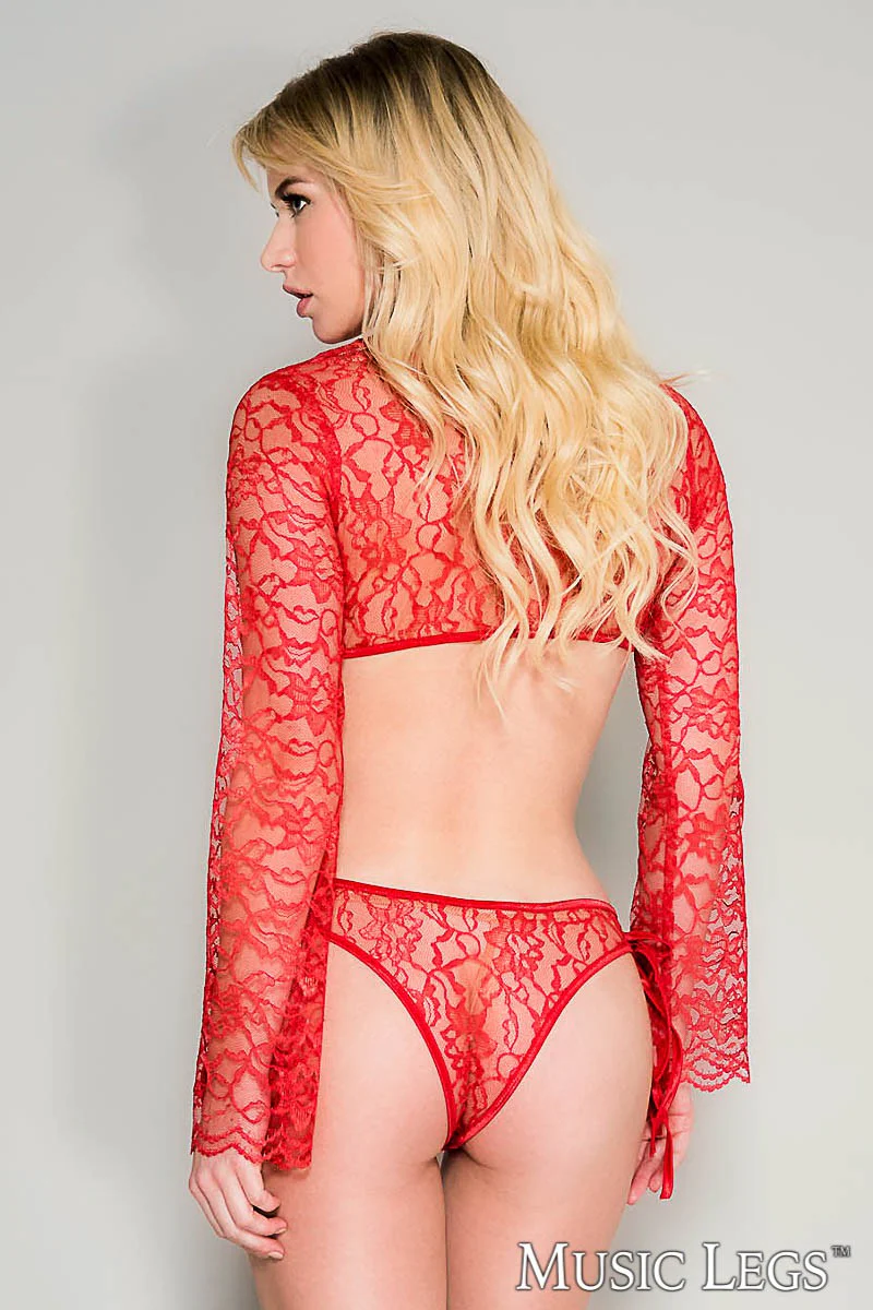 Front Tie Lace Top and Thong Red - Image 2