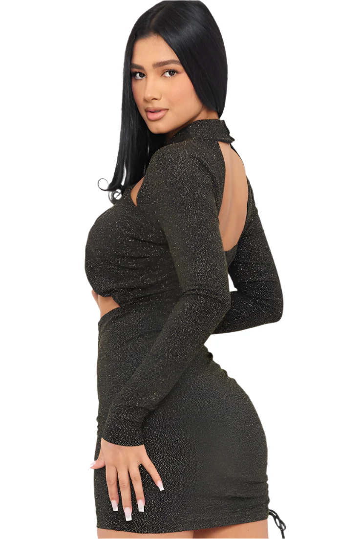 Glitter Criss Cross Halter Neck Sleeved Dress - Image 2
