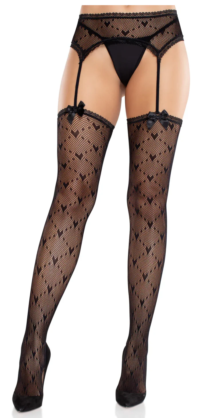 Heart Lace Trimmed Heart Net Stockings with Attached Garter Belt Black