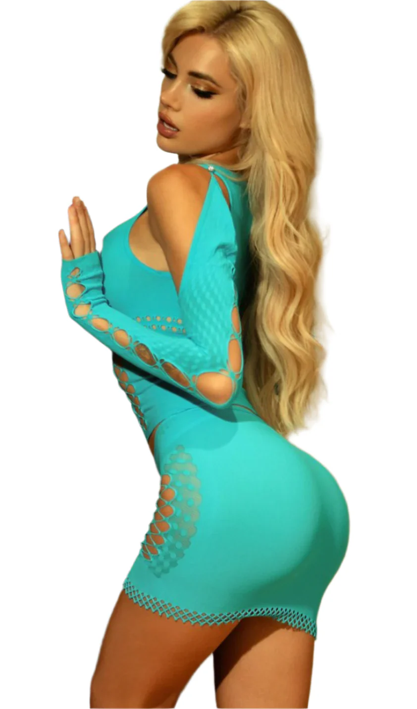 High Neck Off Shoulder Mini Dress Blue - Image 2