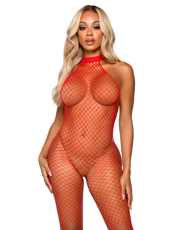 Industrial Net Racer Neck Backless Bodystocking Red