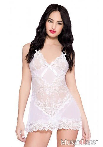 Lace and Mesh Baby Doll with Ribbon White