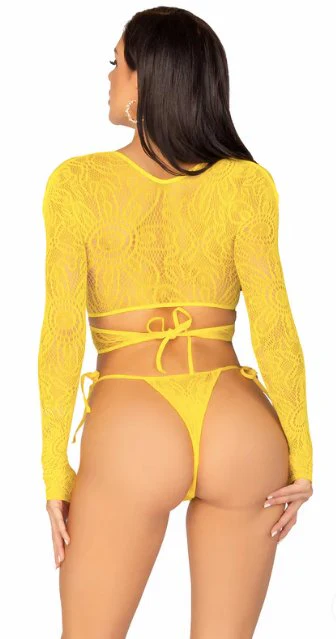 Lace Crop Top and Side Tie Panty Yellow - Image 3