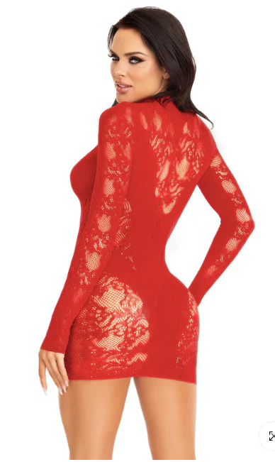 Lace Mini Dress with Gloved Sleeve Red - Image 2