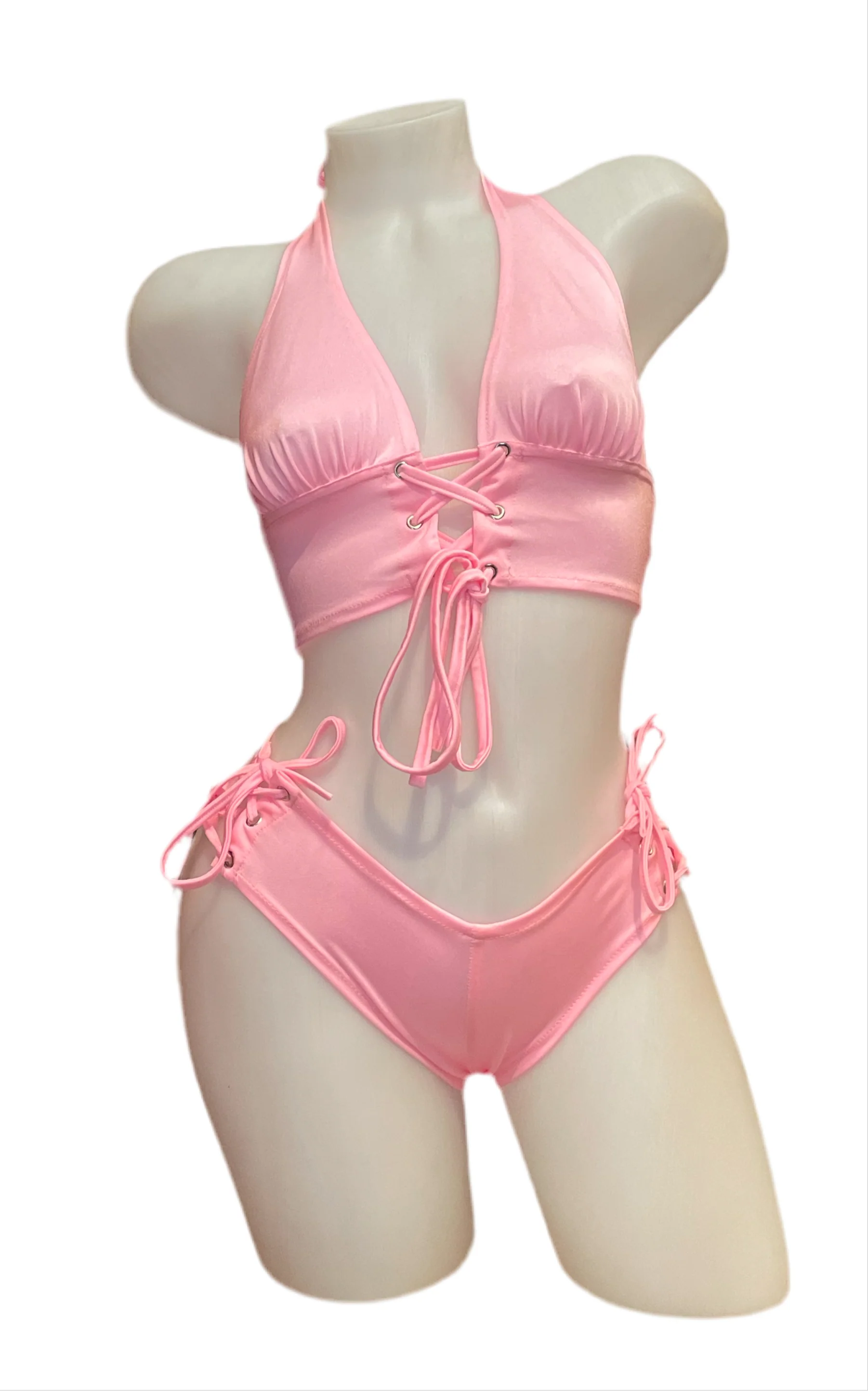 Lace Up Halter Top and Short Set Baby Pink