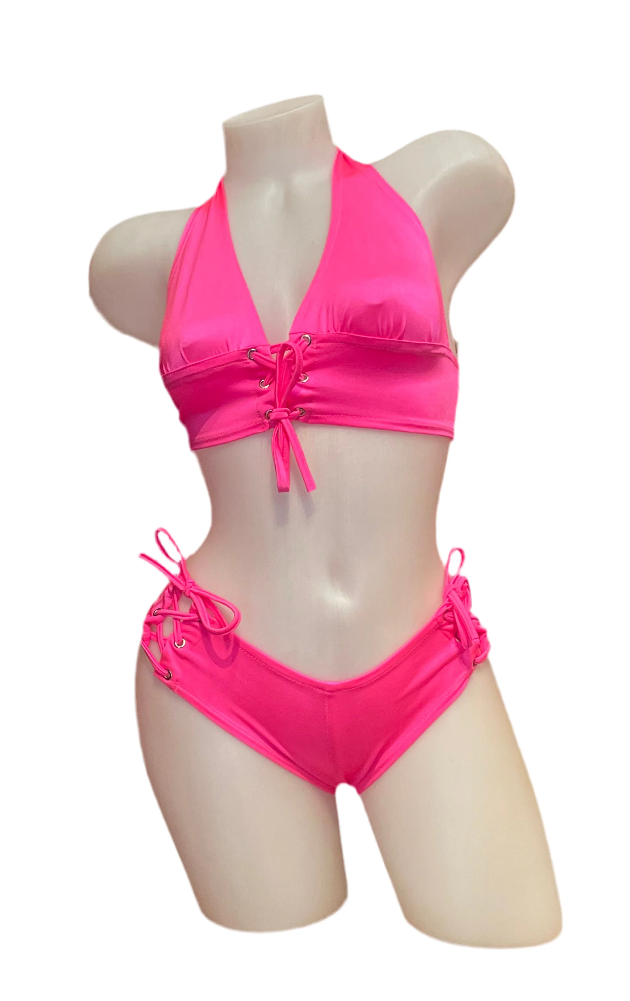Lace Up Halter Top and Short Set Hot Pink