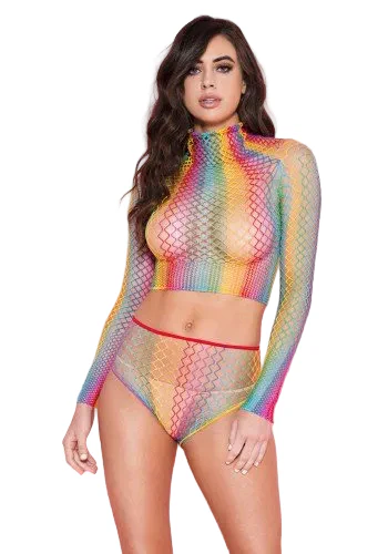 Long Sleeve Fishnet Top and High Waisted Panty Rainbow