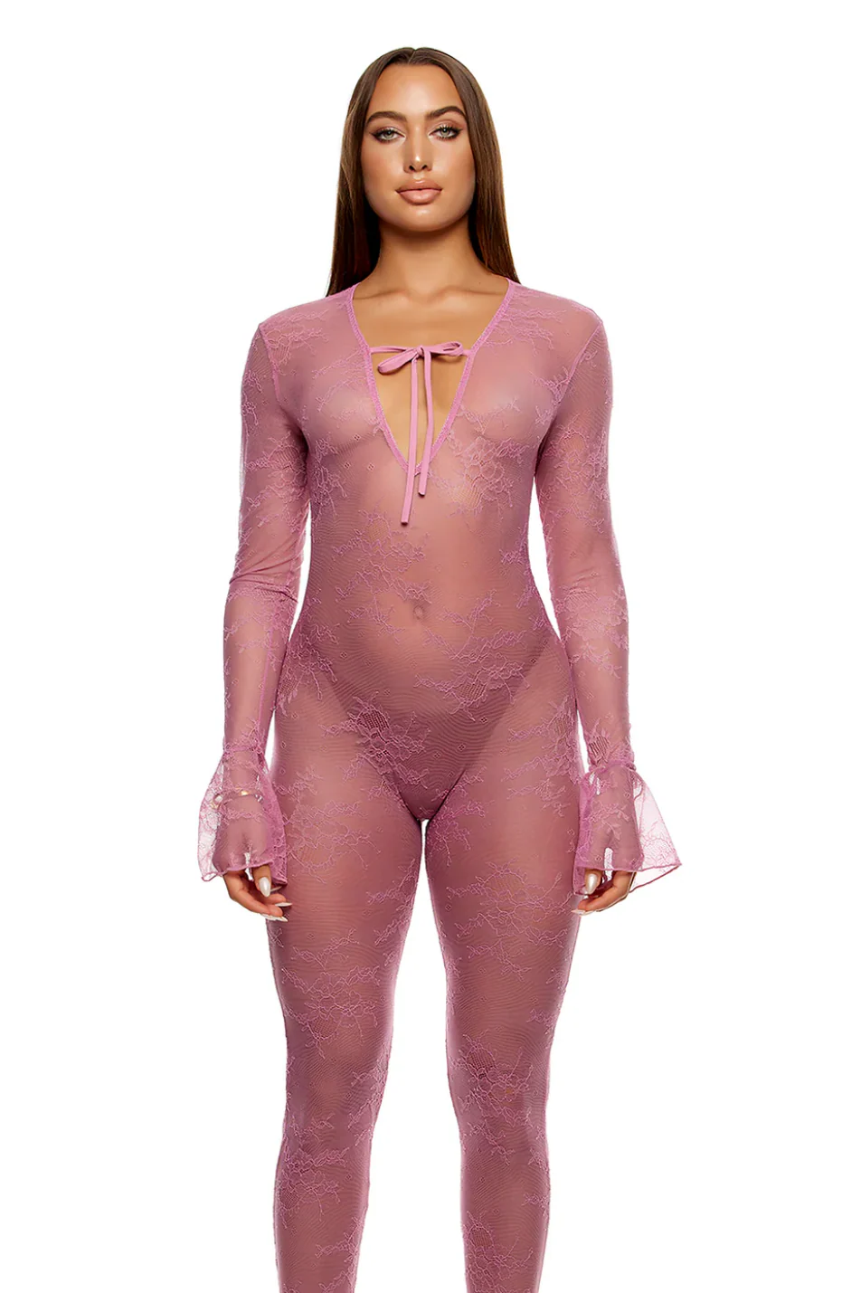 Long Sleeve Lace Jumpsuit with Bell Sleeves Pink