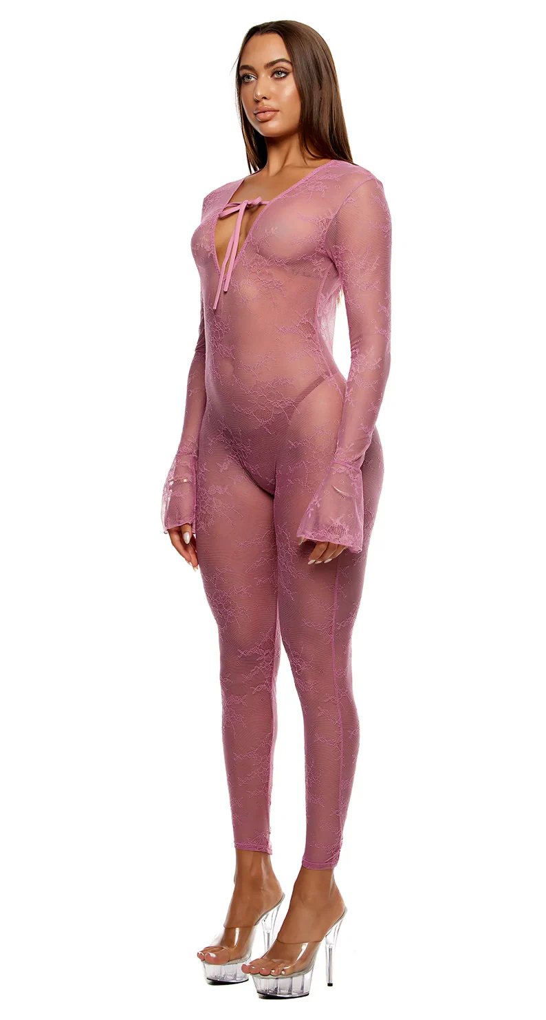 Long Sleeve Lace Jumpsuit with Bell Sleeves Pink - Image 2