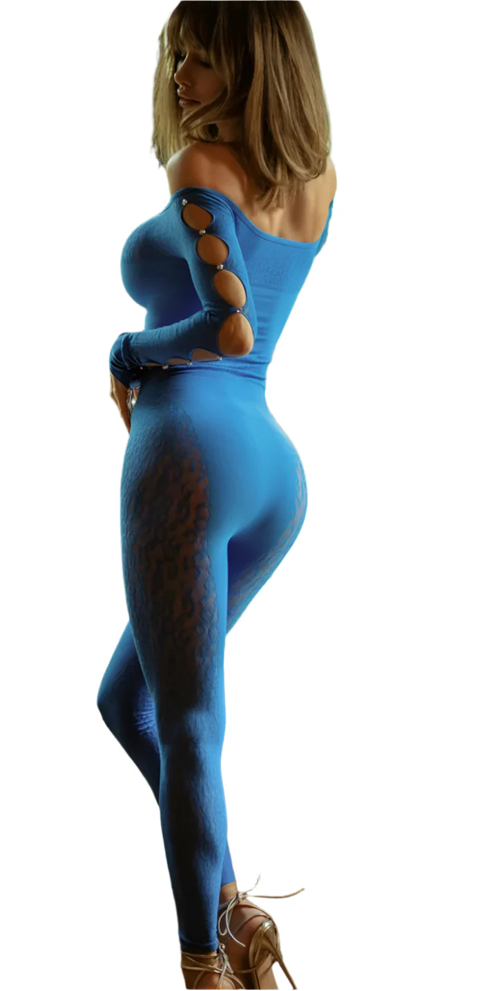 Long Sleeve Leopard Cut Out One Piece Blue - Image 2