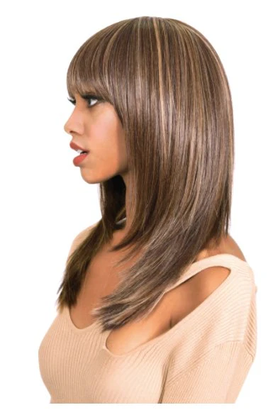 Medium Length Straight Wig with Bangs - Dark Grey - Image 2
