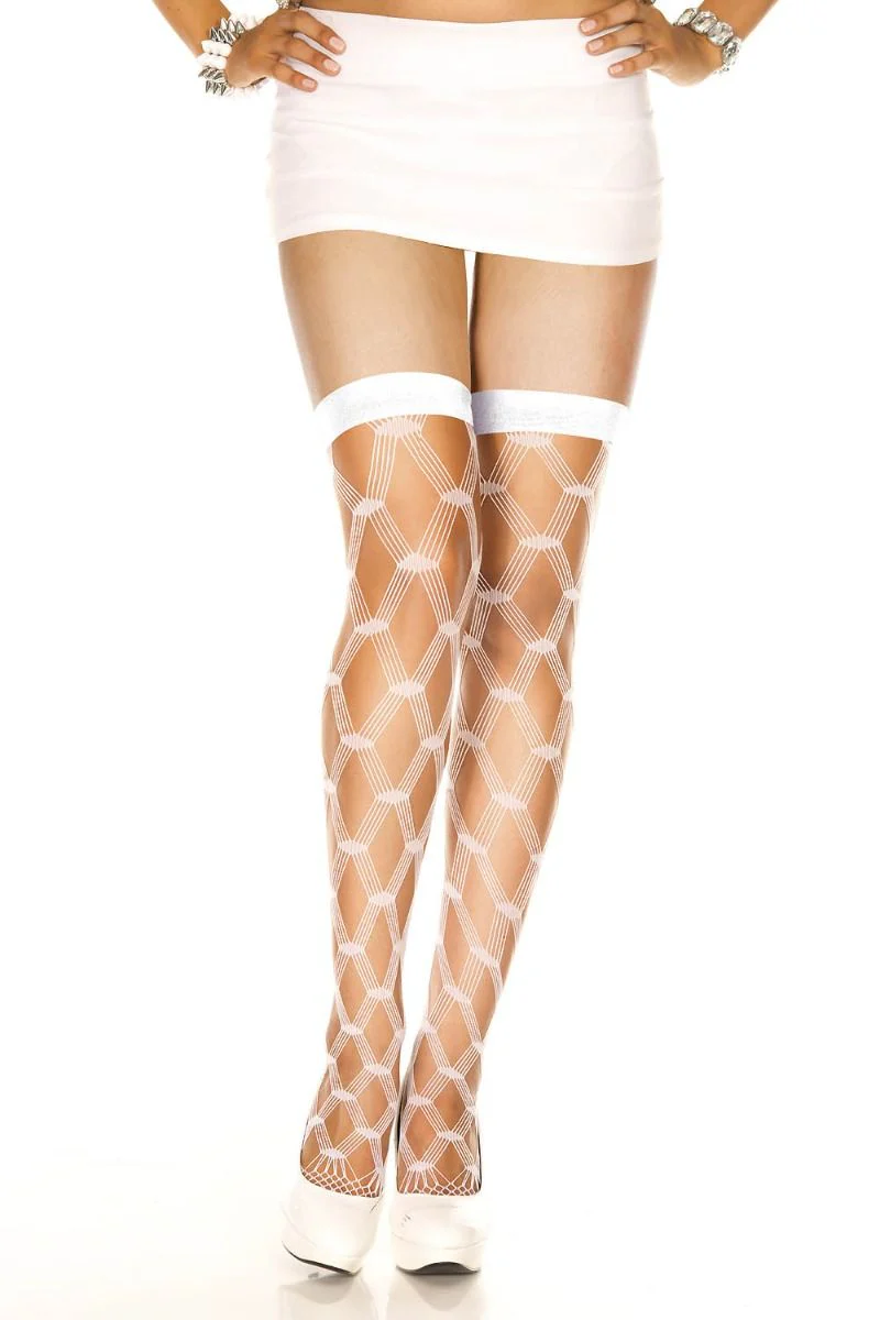 Multi Strands Spandex Diamond Net Thigh Highs White