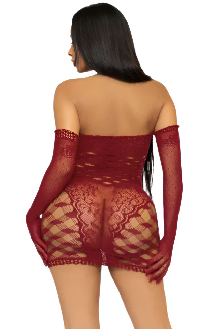 Net and Lace Tube Dress and Gloves Burgundy - Image 2
