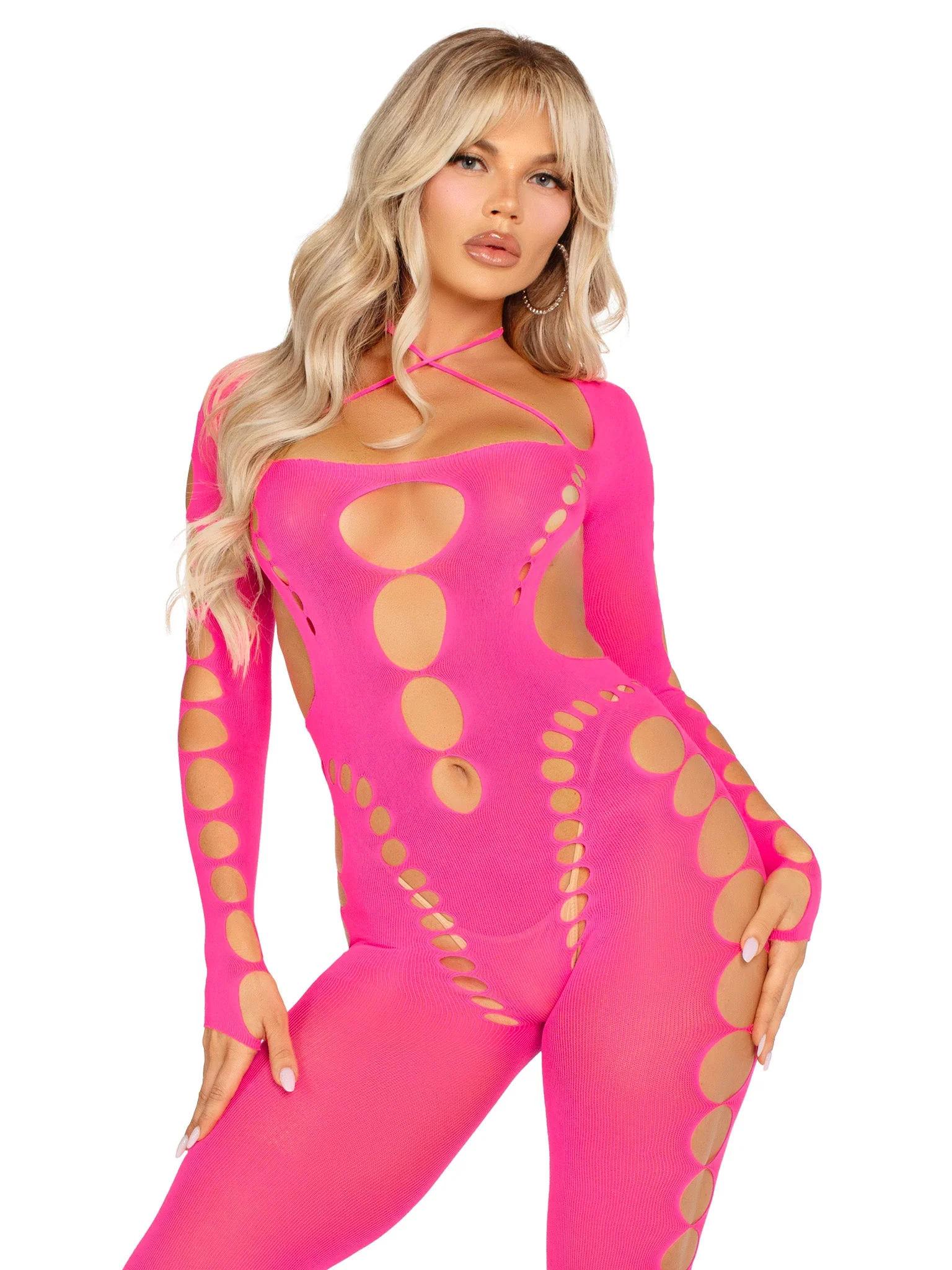 Opaque Cut Out Footless Bodystocking Pink