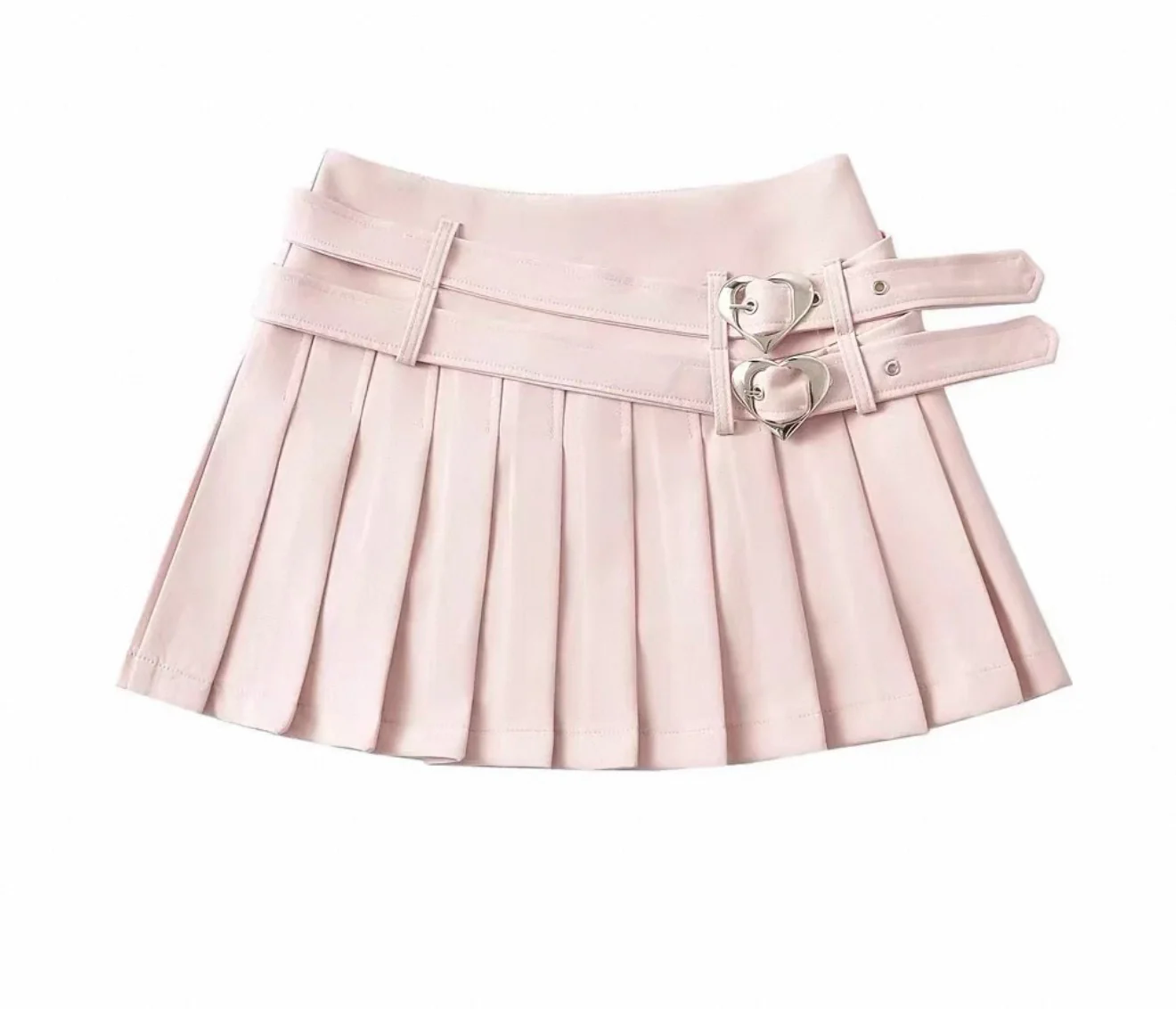 Pleated Mini Skirt with Heart Buckle Belt Baby Pink