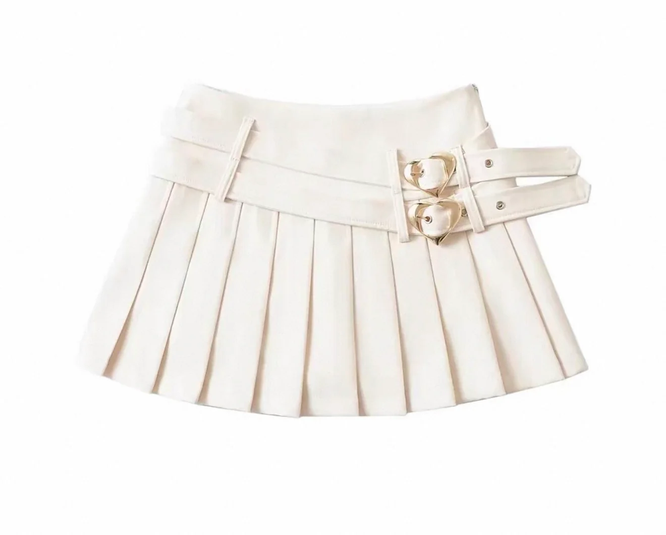 Pleated Mini Skirt with Heart Buckle Belt Beige