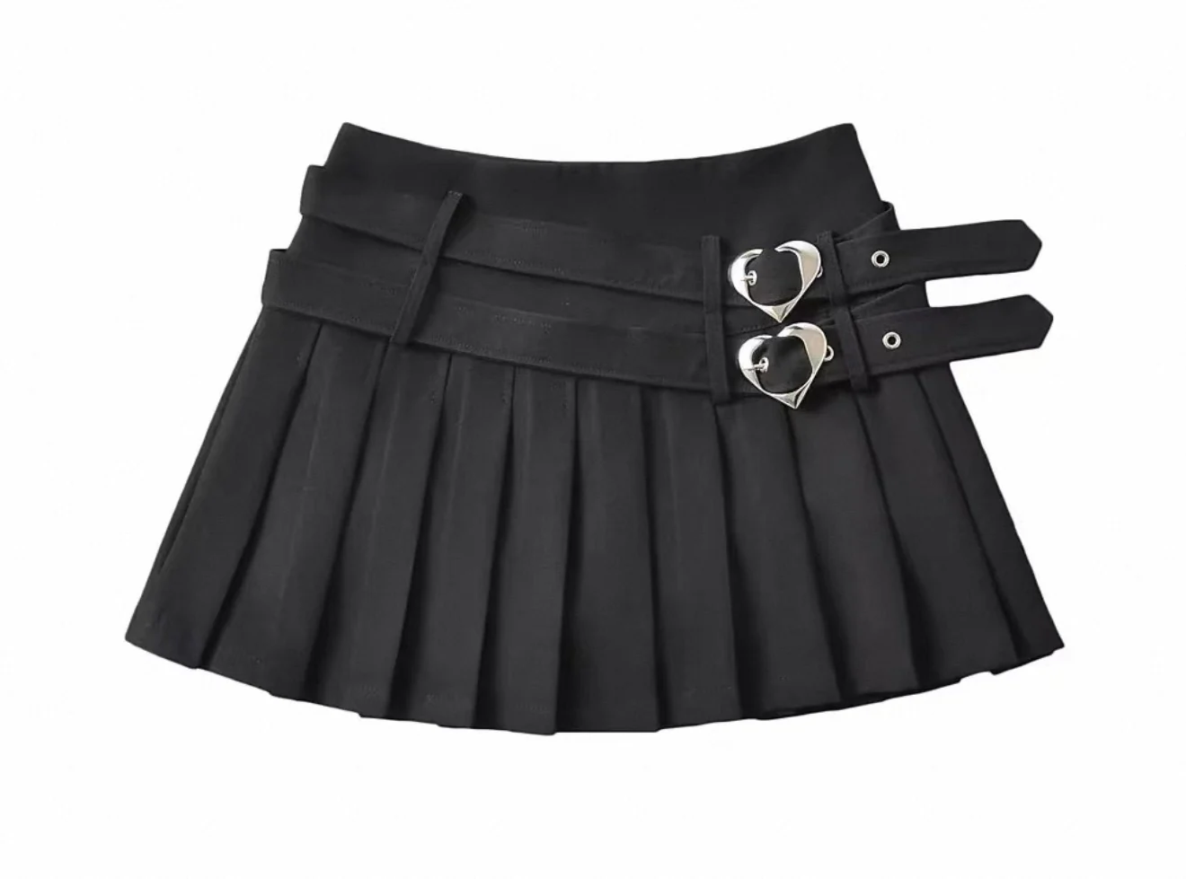 Pleated Mini Skirt with Heart Buckle Belt Black