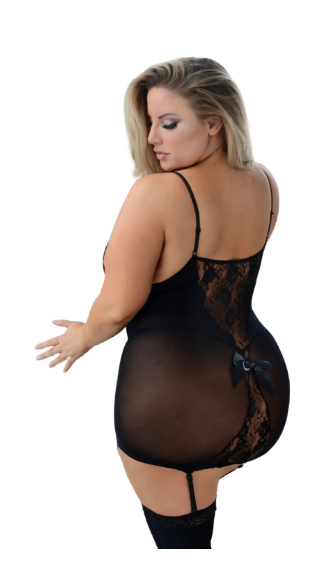 Plus Size Lace Dress with Attached Garter Stockings Black - Image 2