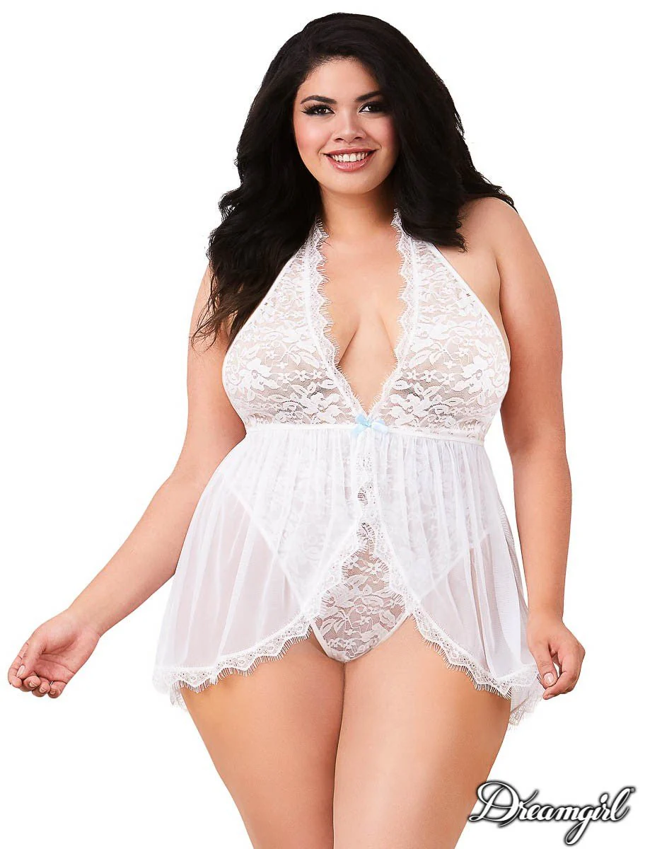 Plus Size Lace Teddy with G-String White