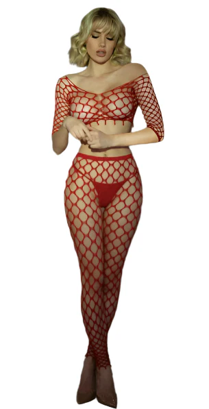 Pot Hole Net Top and Pantyhose Set Red