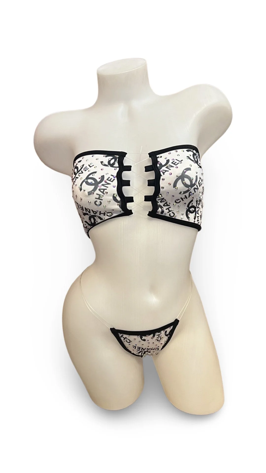 Rhinestone Bandeau Bikini - White Design