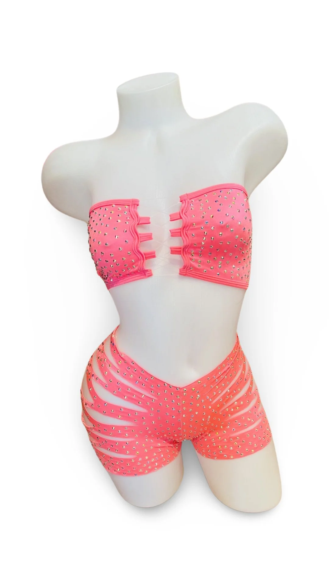 Rhinestone Bandeau Top and Cut Out Short Set Coral