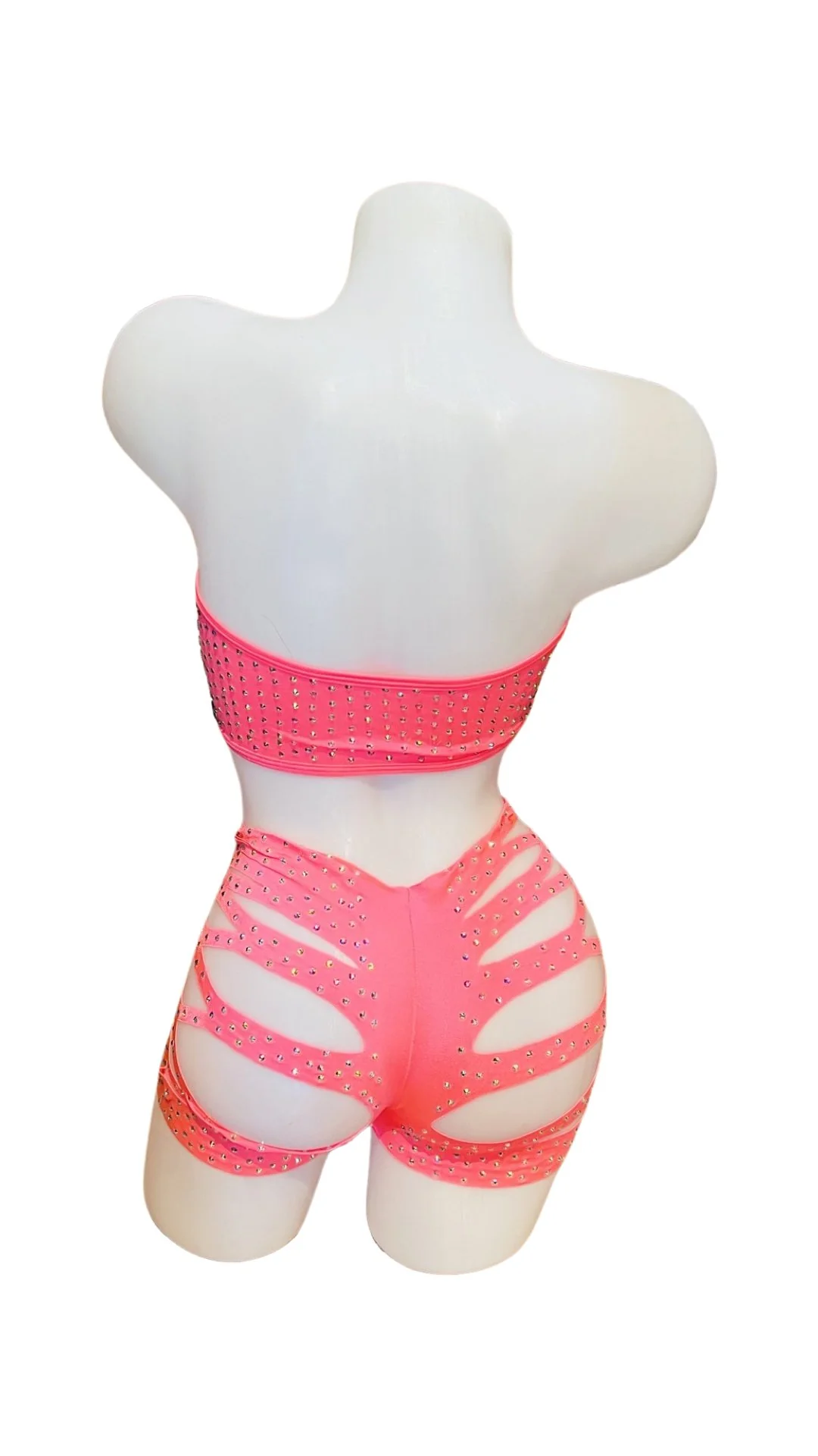 Rhinestone Bandeau Top and Cut Out Short Set Coral - Image 2