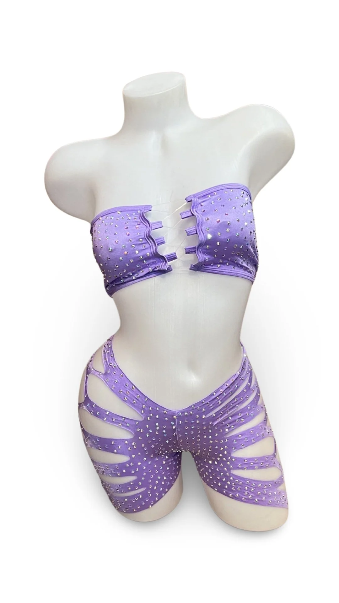 Rhinestone Bandeau Top and Cut Out Short Set Lilac