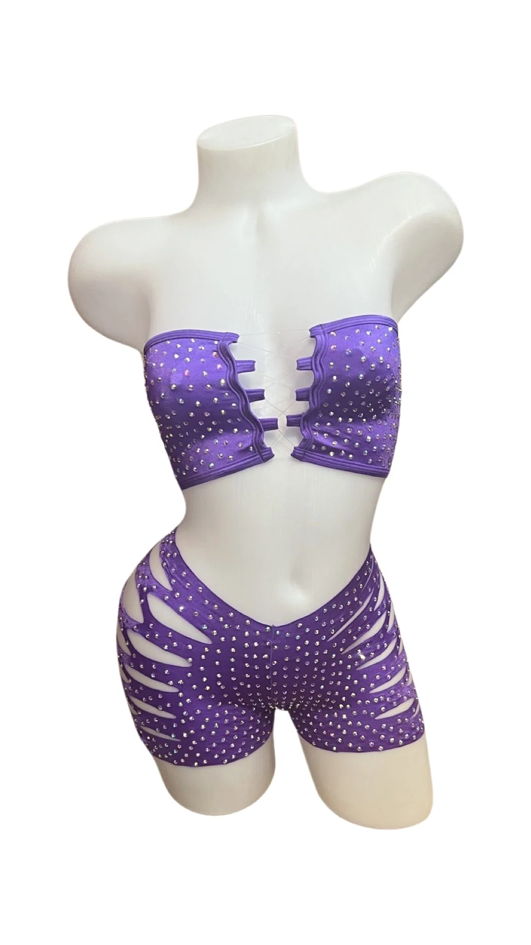 Rhinestone Bandeau Top and Cut Out Short Set Purple