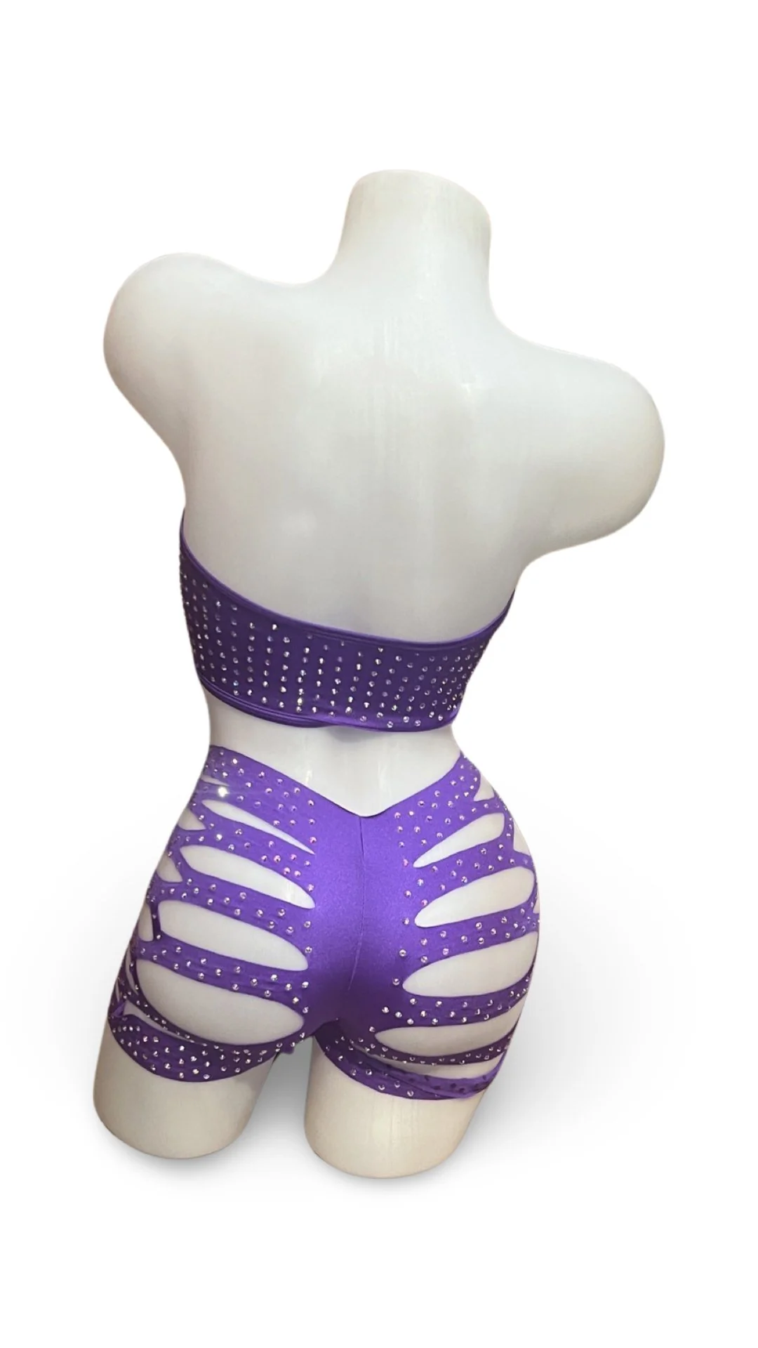 Rhinestone Bandeau Top and Cut Out Short Set Purple - Image 2